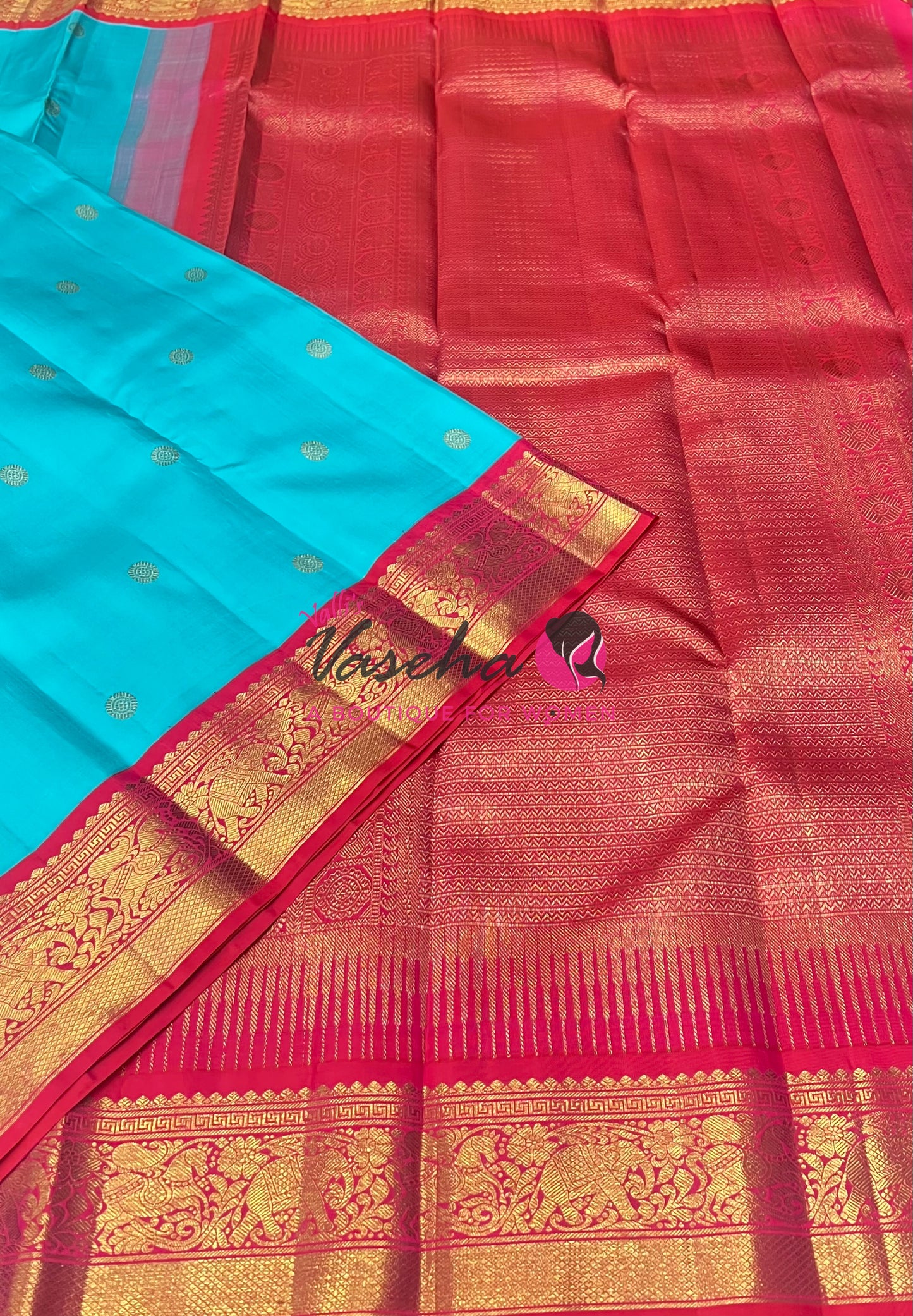Pure Vintage Korvai Kanchipuram Silk Saree - Blue With Peachich Pink - VVPS062