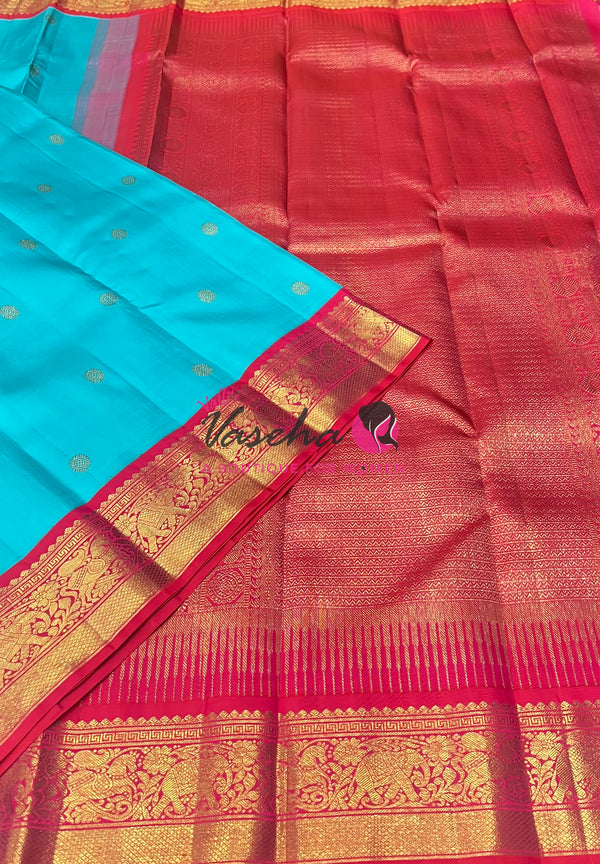 Pure Vintage Korvai Kanchipuram Silk Saree - Blue With Peachich Pink - VVPS062