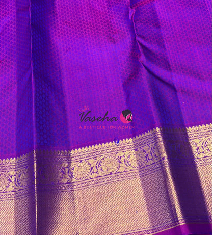 Pure Kanchipuram Bridal Silk Saree - Embossed Design - Peacock Blue With Purple Combo - VVPS023
