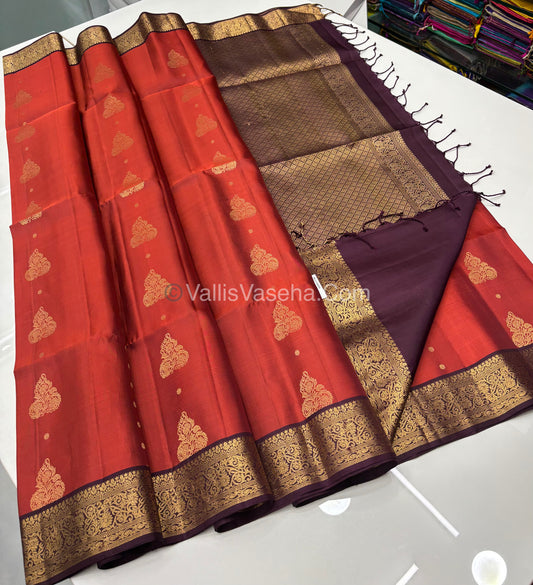 Pure Soft Silk Saree - Kanchi Border - Rust Orange With Wine Brown Shade - VVPSS046
