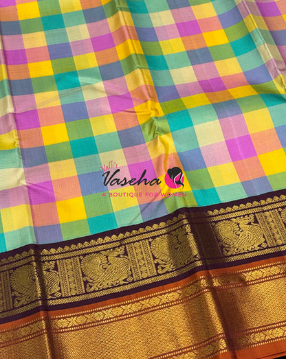 Pure Vintage Korvai Kanchipuram Silk Saree - Pazhum Pazhamum Checks - VVPS061