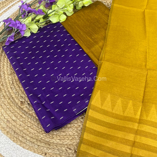 Unstitched Salwar Material -Raw Silk - Purple with Venthayam Yellow Shade - VVUSM004