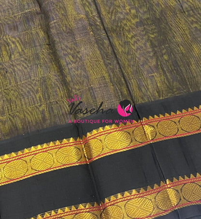 Pure Korvai Silk Cotton With Retta Petta Border - Checks pattern - Dual Tone Gold & Black - VVKSC013