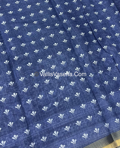 Linen Mixed Cotton Saree - Indigo Blue - Printed - VVLMP001
