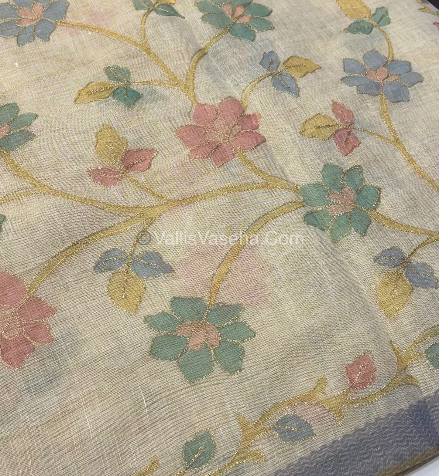 Tissue Linen Saree - Cream With Blue Shade - VVTLS003