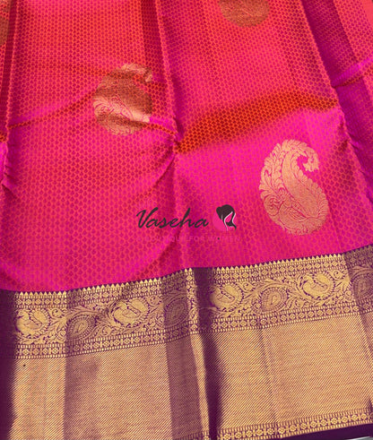 Pure Kanchipuram Bridal Silk Saree - Embossed Design - Pink With Purple Combo - VVPS023