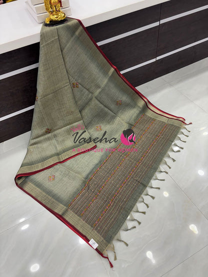 French Knot - Linen Tissue Saree - Grey  Shade - Heavy Work Blouse - VVLFN016