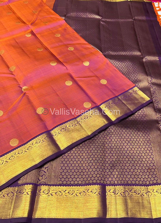 Pure Kanchipuram Silk Saree - Dual Orangish Onion Pink with Dark Purple Combo - VVPS011