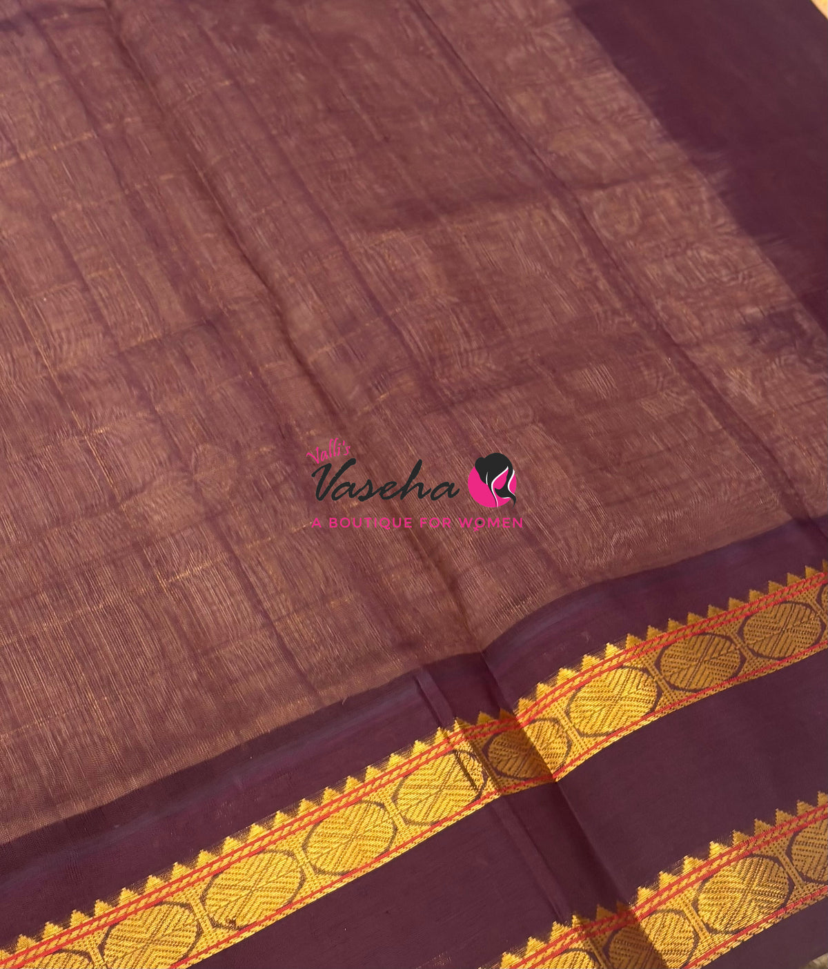 Pure Korvai Silk Cotton With Retta Petta Border - Checks pattern - Chikku & Wine Brown - VVKSC013