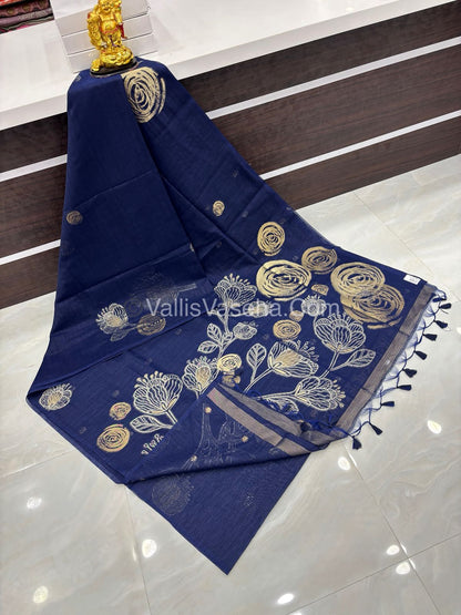Linen Mixed Jute Silk Saree - Navy Blue Shade - VVLMJ002