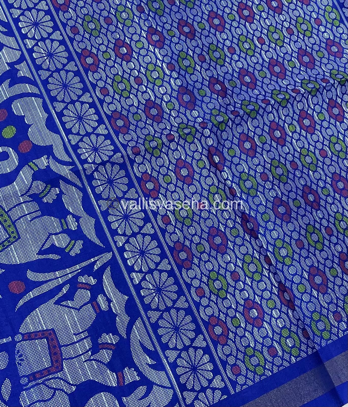 Semi Tussar / Semi Chappa Silk | Elephant Design | - Cream & Blue Combo - VVSTS01