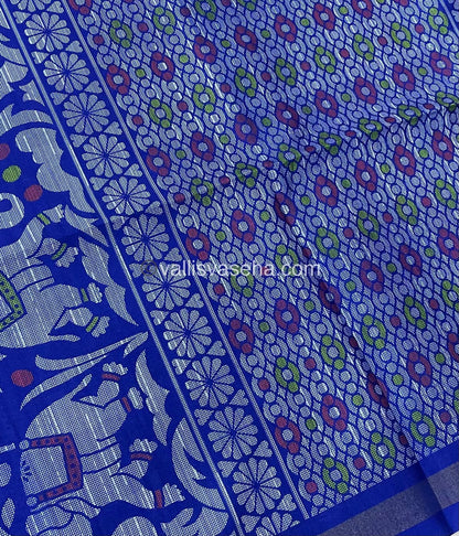 Semi Tussar / Semi Chappa Silk | Elephant Design | - Cream & Blue Combo - VVSTS01