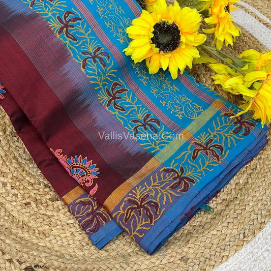 Pure Printed Silk Cotton Sarees - Maroon With Blue - VVPSC003