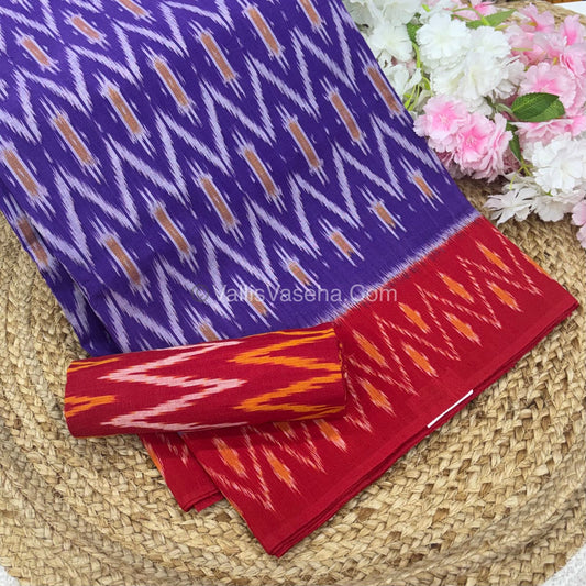 Double Ikkat Pure Cotton Saree - Purple With Red - VVIKS002