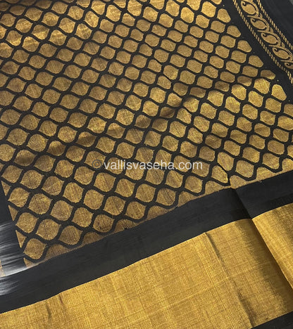Pure Korvai Silk Cotton Saree - Half white with Black Combo - Temple border - VVKSC001
