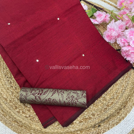 South Mixed Cotton - Mirror Work Embroidery - Maroon with Cream - VVPCM002
