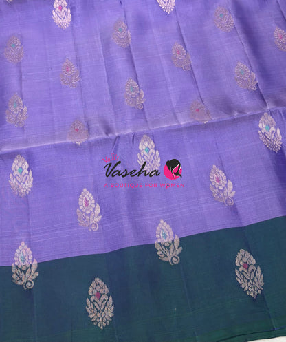Half Mix - Pure Soft Silk Saree - Meenakari Style Butta - Lavendar With Peacock Blue - VVPSS148