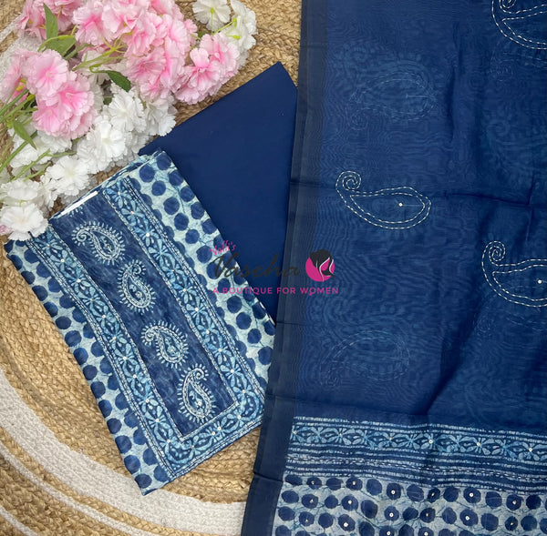 Unstitched Chandheri Mixed cotton Material |Indigo Blue Shade | VVUSM063