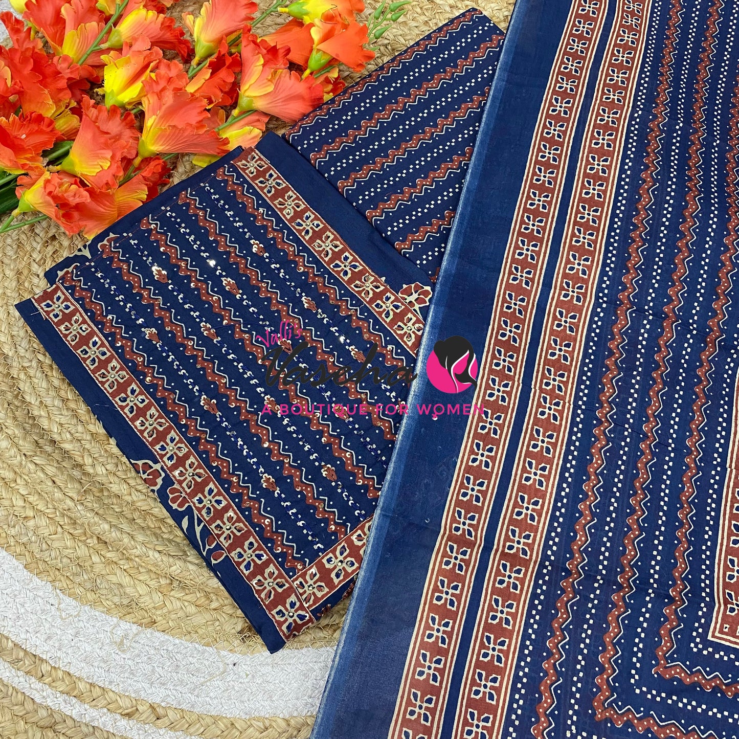 Unstitched Material | Fancy Cotton Material | Blue Shade | VVUSM087