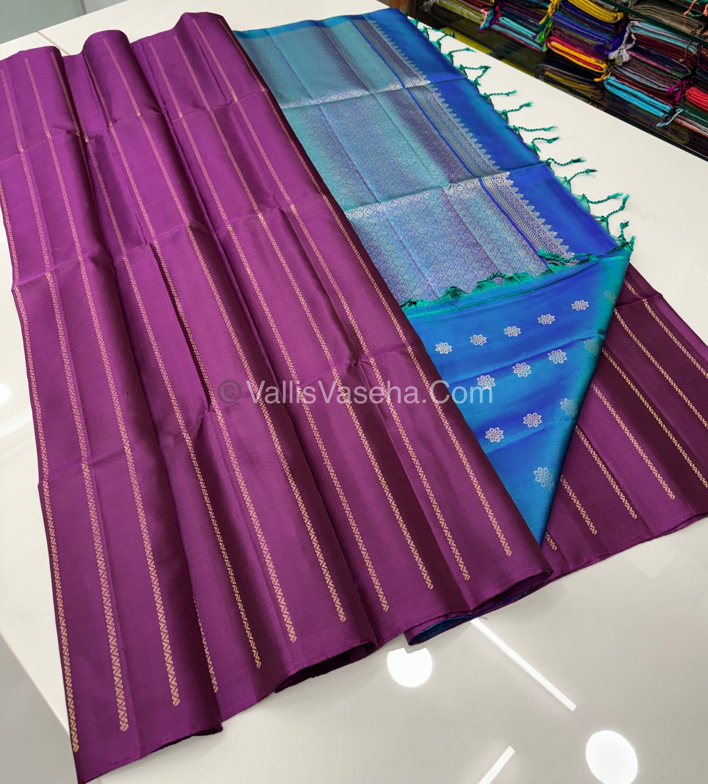 Pure Soft Silk Saree - Border Less  - Purple & Peacock Blue Combo - VVPSS066