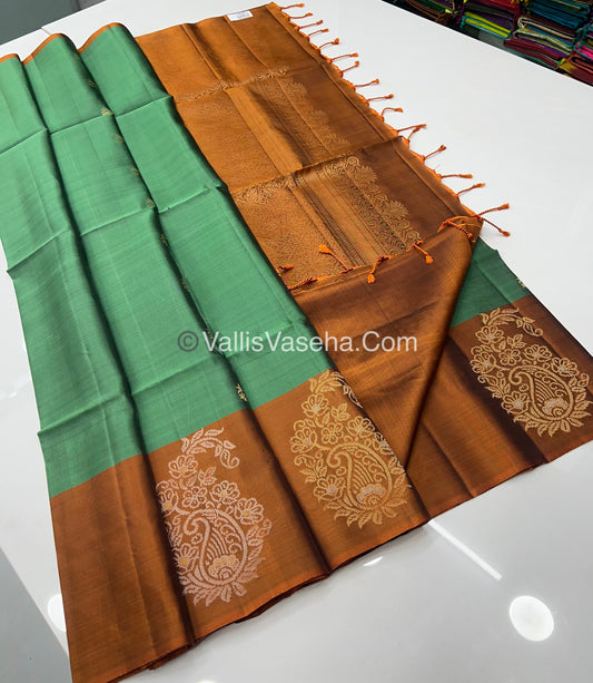 Pure Soft Silk Saree - Green & Rust Orange - VVPSS061