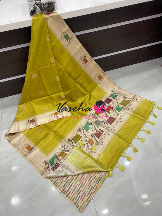 Semi Matka Tussar Saree - Pichwai Design - VVSMT003