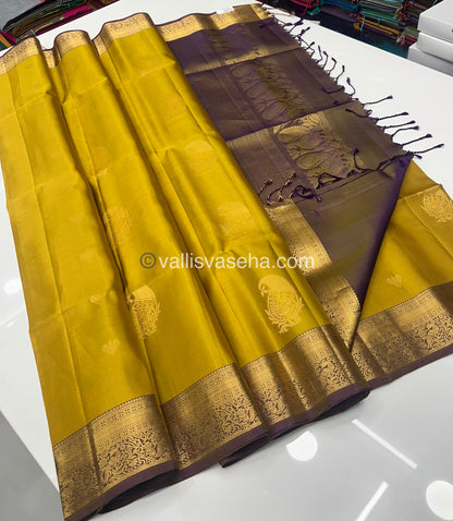 Pure Soft Silk Saree - Kanchi Border - Mustard Yellow & Double Tone Purple Combo - VVPSS046