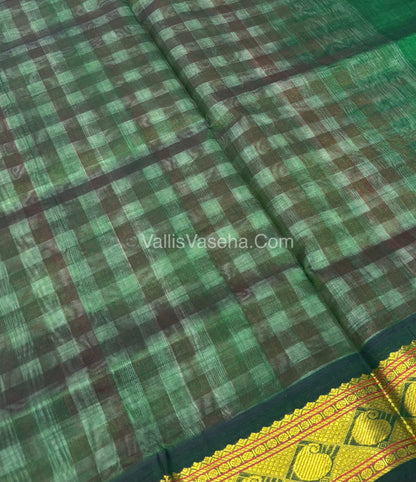 Pure Korvai Silk Cotton With Retta Petta Border - White & Red kattam pattern with Green   - VVKSC003