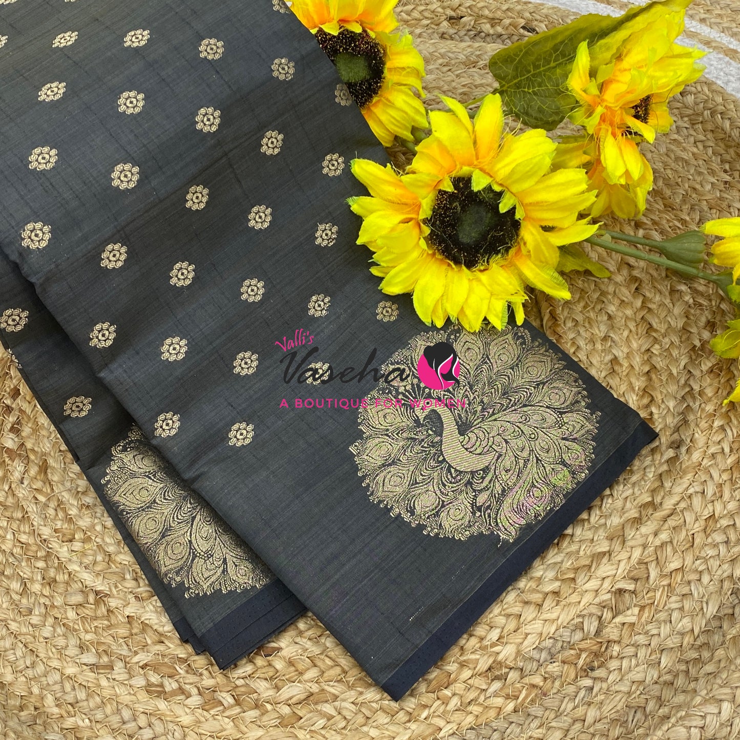 Semi Tussar Silk Saree | Black Shade |VVSTS056