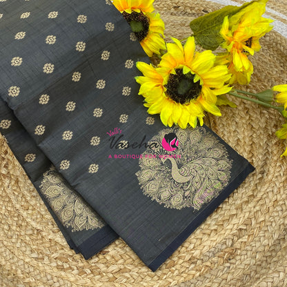 Semi Tussar Silk Saree | Black Shade |VVSTS056