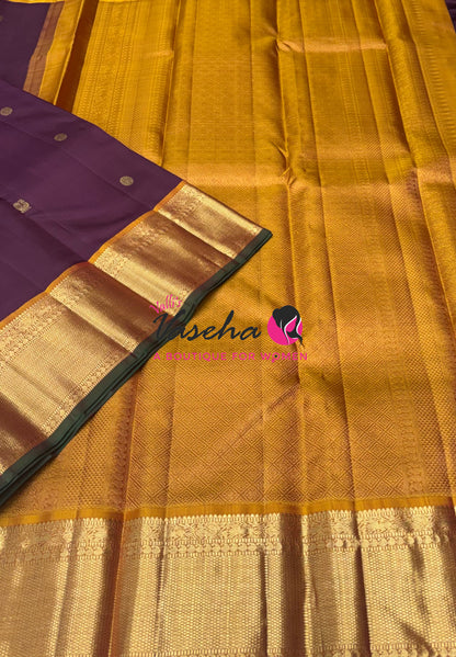 Pure Vintage Korvai Kanchipuram Silk Saree - Wine With Mustard Yellow - VVPS046