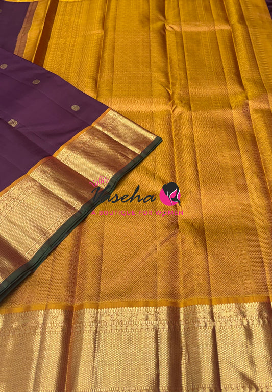 Pure Vintage Korvai Kanchipuram Silk Saree - Wine With Mustard Yellow - VVPS046