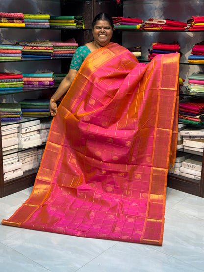 Pure Silk Cotton Saree - Mayil & Chakkaram Design - Peach with Yellow combo - VVMC001