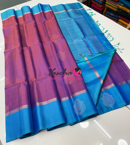 Pure Soft Silk Saree  - Dual Tone Purple With Blue - VVPSS093