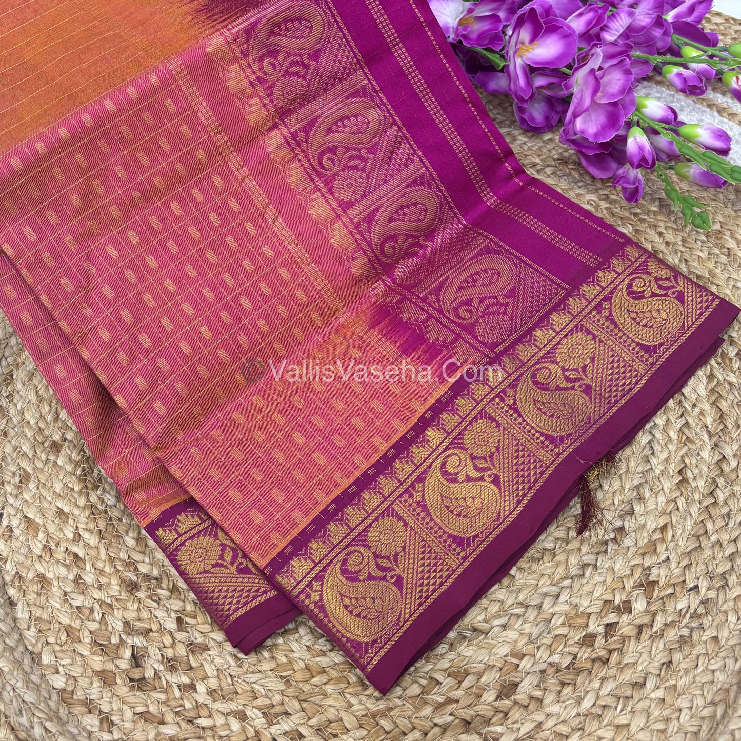 Pure Silk Cotton Saree | Peach With Pink Shade |Lakshadeepam Design VVPLD003