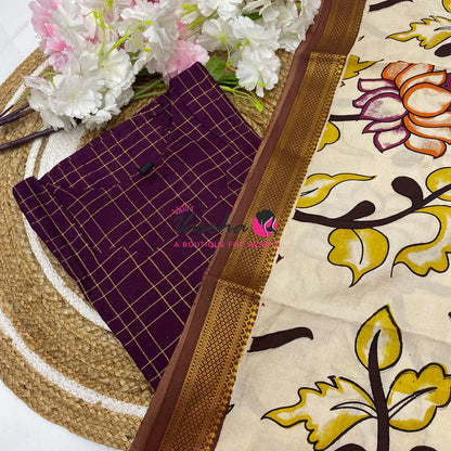 Ready Made - Semi Raw Silk Kurti with Chennur Silk Kalamkari Duppatta - Wine Shade - 2pc Set - VVSRK002