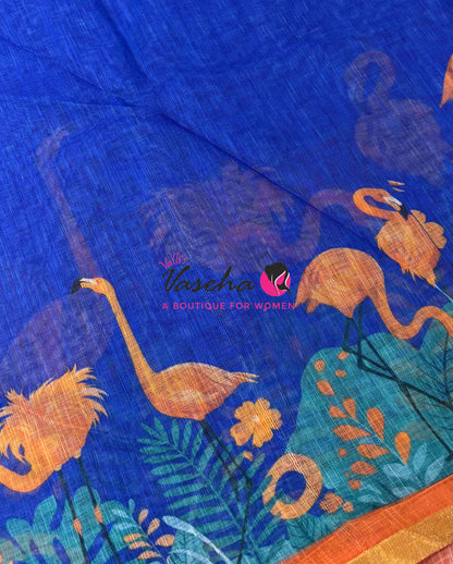 Linen Mixed Cotton Saree - Printed - Blue With Blue Shade - VVLMP002