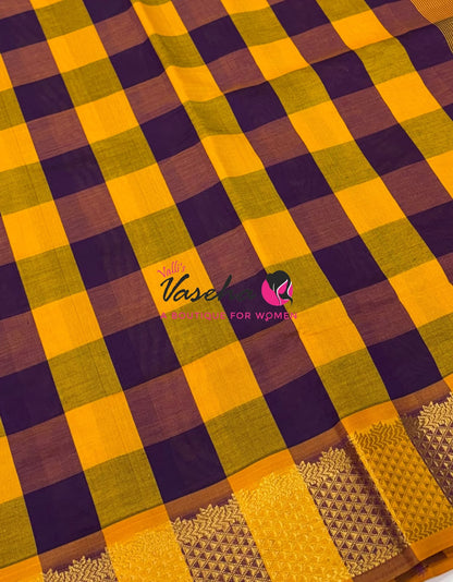 Semi Silk Cotton Saree |  Pazhum Pazhamum Checks Design |VVSSC011