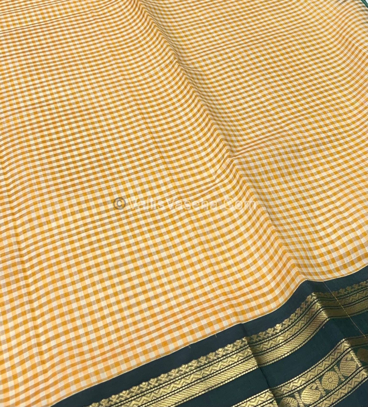 Pure Korvai Silk Cotton - Podi Kattam - Retta Petta Border - Yellow & White with Green - VVKSC003