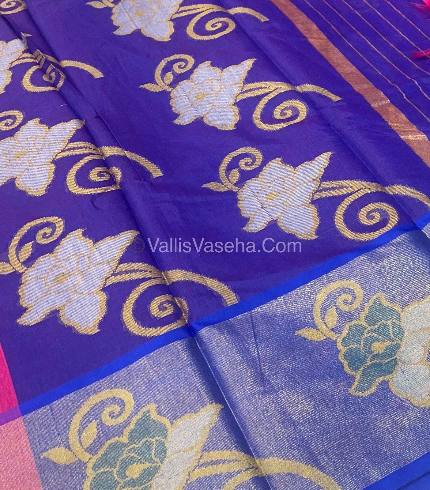 Banarasi Pochampally Weaving Semi Soft Cotton Saree - Pink with Blue - VVBPS001