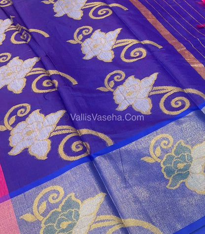 Banarasi Pochampally Weaving Semi Soft Cotton Saree - Pink with Blue - VVBPS001