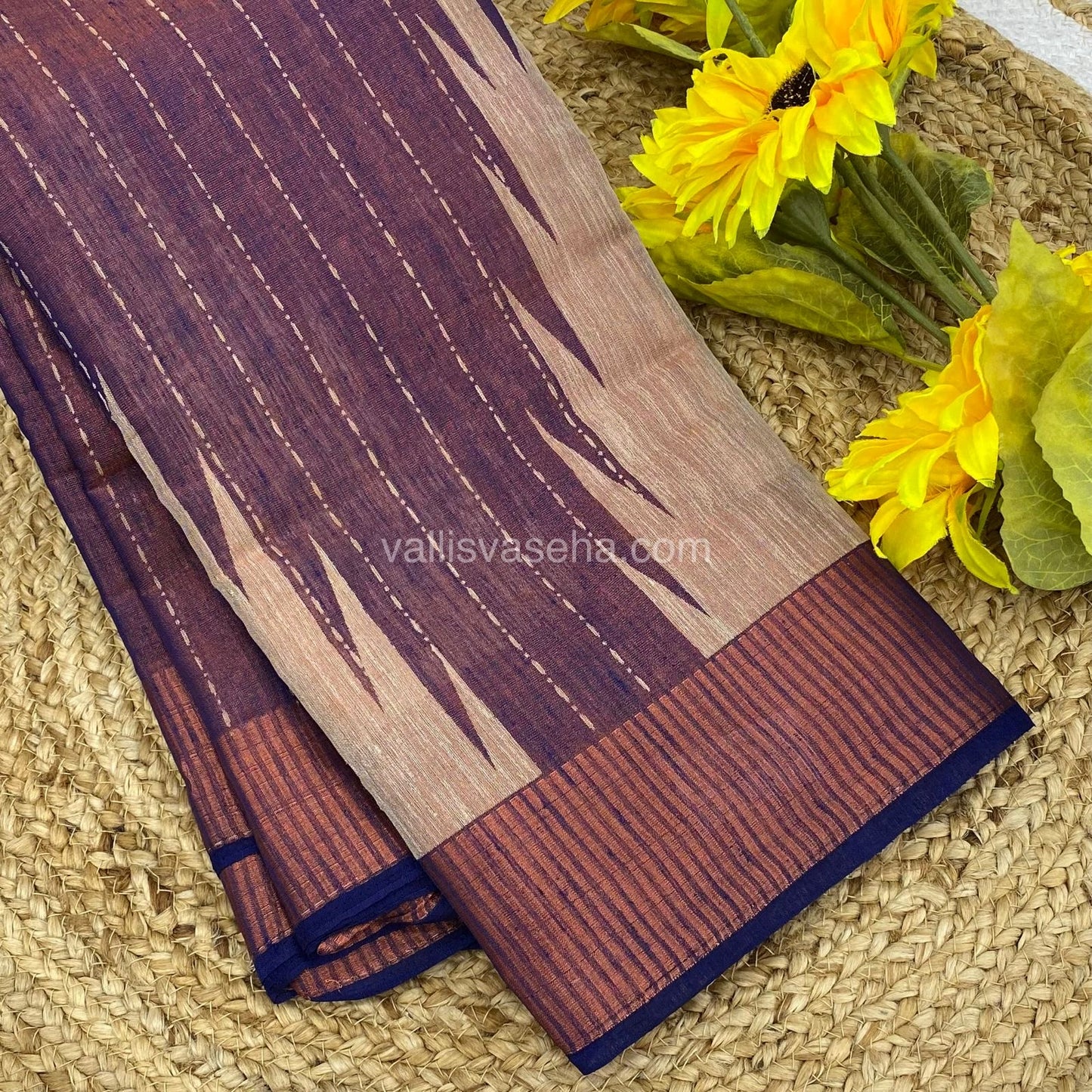 Semi Tussar Silk - Temple border - Violetish Blue Shade - VVSTS001