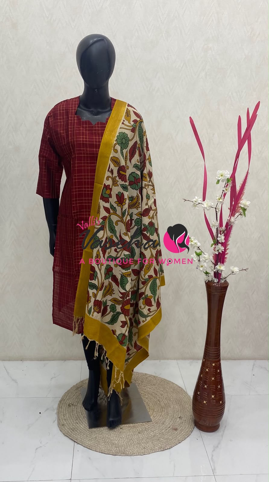Ready Made - Semi Raw Silk Kurti with Chennur Silk Kalamkari Duppatta - Maroon Shade - 2pc Set - VVSRK002