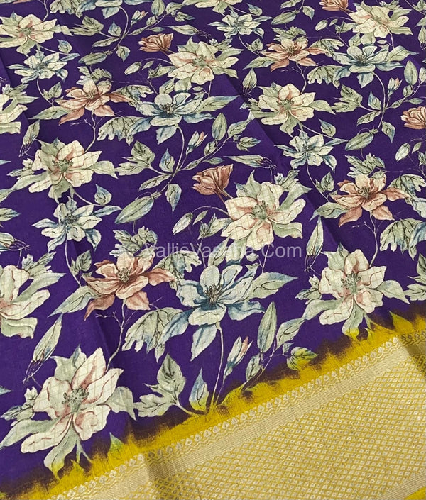 Semi Binny Silk - Floral Design - VVSBS003 - Purple with Yellow  Shade