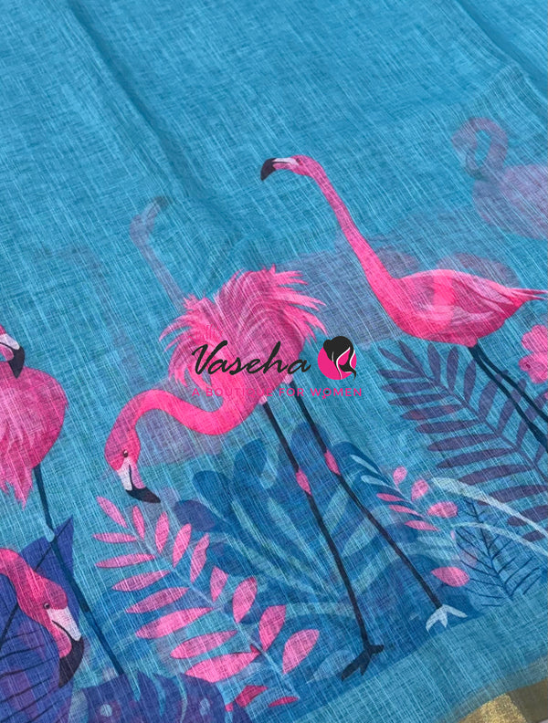 Linen Mixed Cotton Saree - Printed - Blue  With Pink Shade - VVLMP002