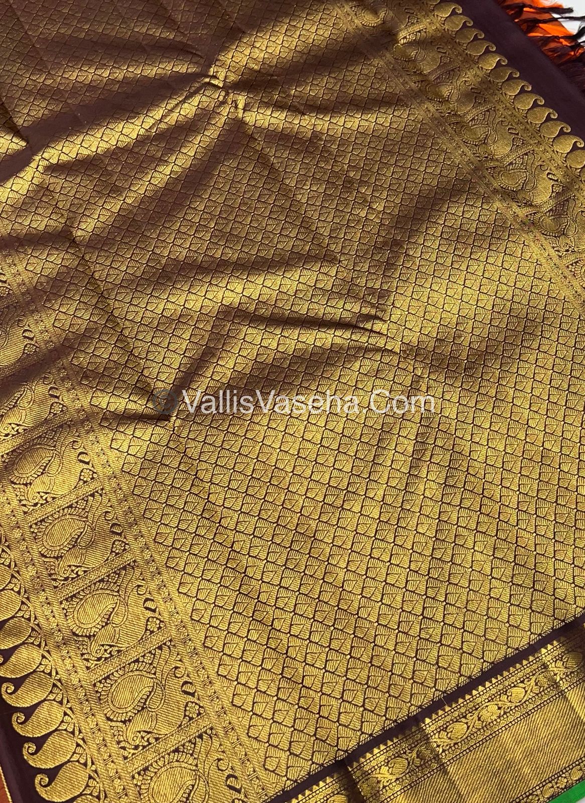 Pure Kanchipuram Silk Saree - Rust Orange & Wine Brown Combo - VVPS014