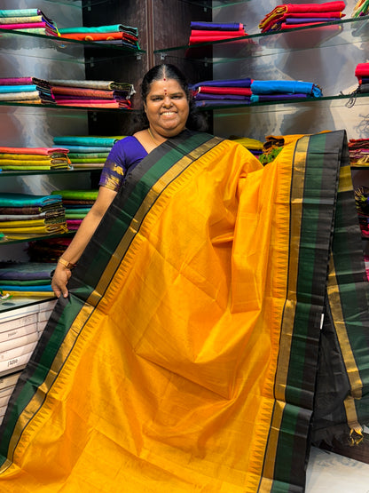 Pure Korvai Silk Cotton Saree - Yellow with Green & Black - Temple border - VVKSC002