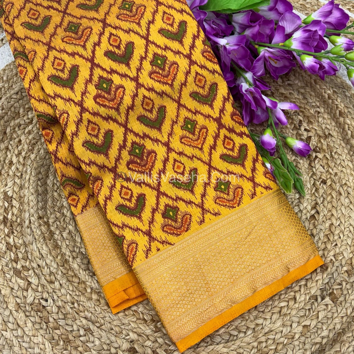 Semi Tussar Silk Saree - Ikkat / Pochampally Design - Yellow Shade - VVSTS033