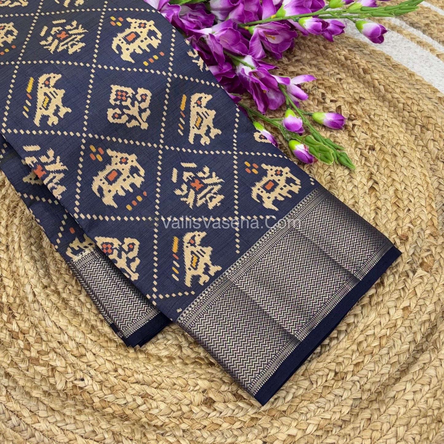 Semi Tussar Silk Saree - Ikkat / Pochampally Design - Navy Blue Shade - VVSTS034