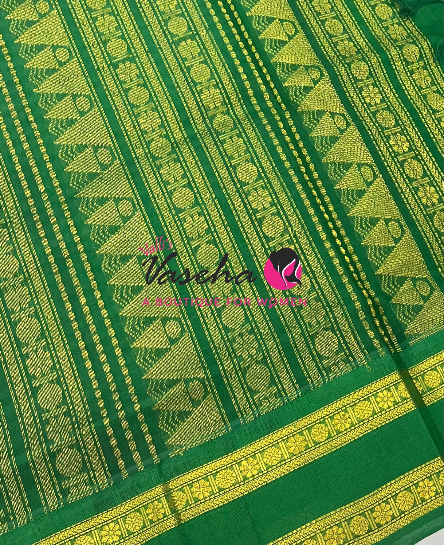 Pure Korvai Silk Cotton - Podi Kattam -White & Green with Green - Retta Petta Border - VVKSC003
